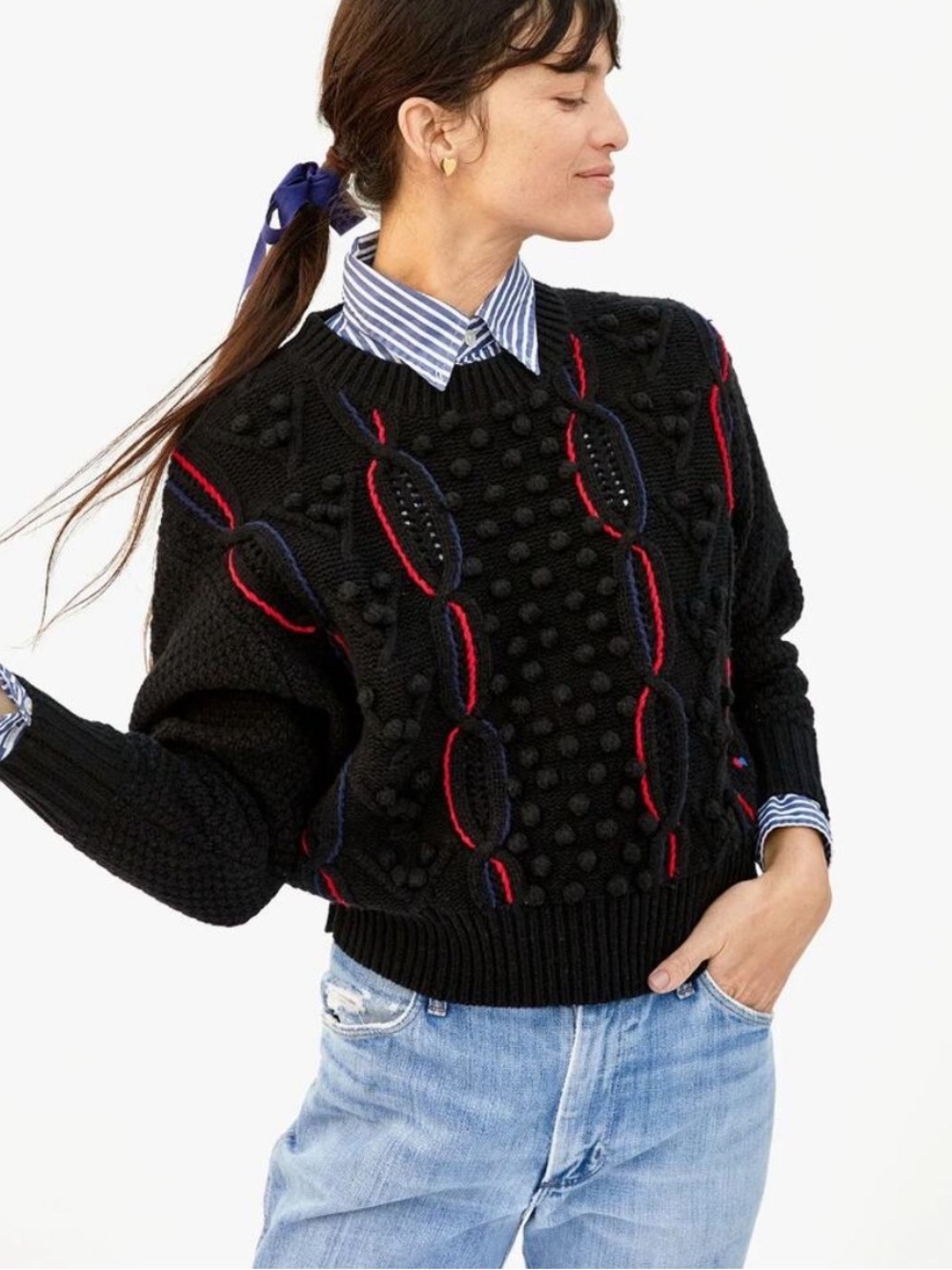 Clare V Black Crewneck Sweater with Red & Blue Trim
